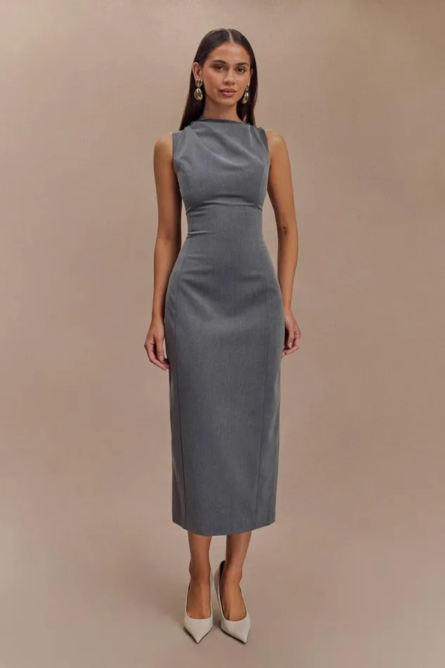 Women Meshki Dresses Taylor Draped Crepe Midi Dress 8211 Charcoal Marle
