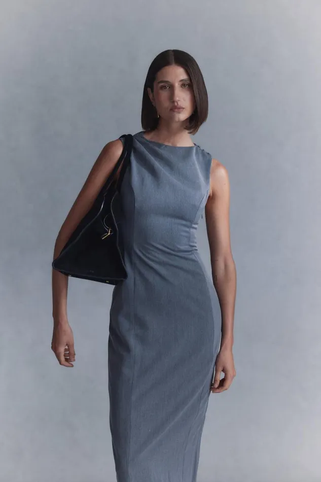 Women Meshki Dresses Taylor Draped Crepe Midi Dress 8211 Charcoal Marle