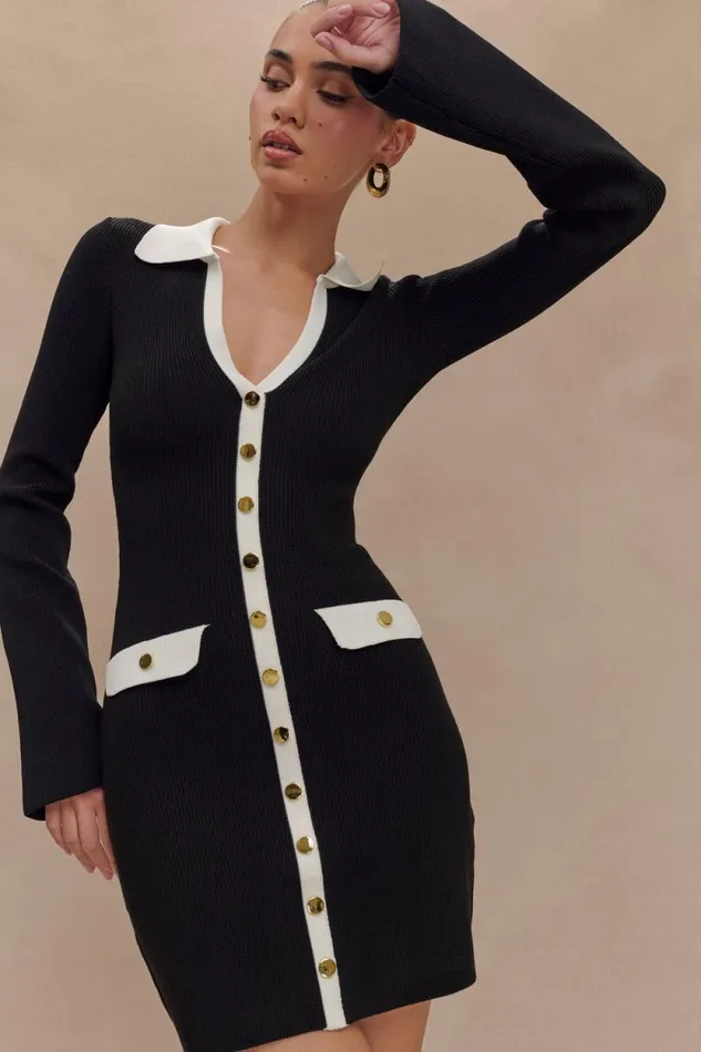 Women Meshki Dresses Wrenley Long Sleeve Knit Mini Dress 8211 BlackWhite