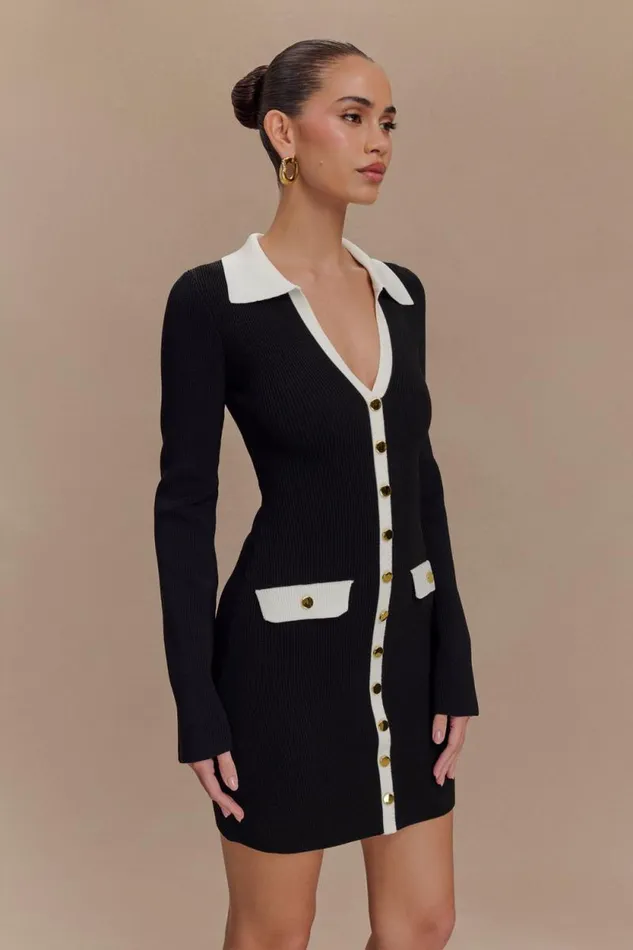 Women Meshki Dresses Wrenley Long Sleeve Knit Mini Dress 8211 BlackWhite