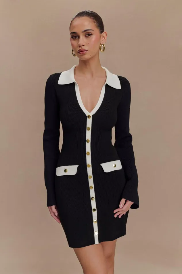Women Meshki Dresses Wrenley Long Sleeve Knit Mini Dress 8211 BlackWhite