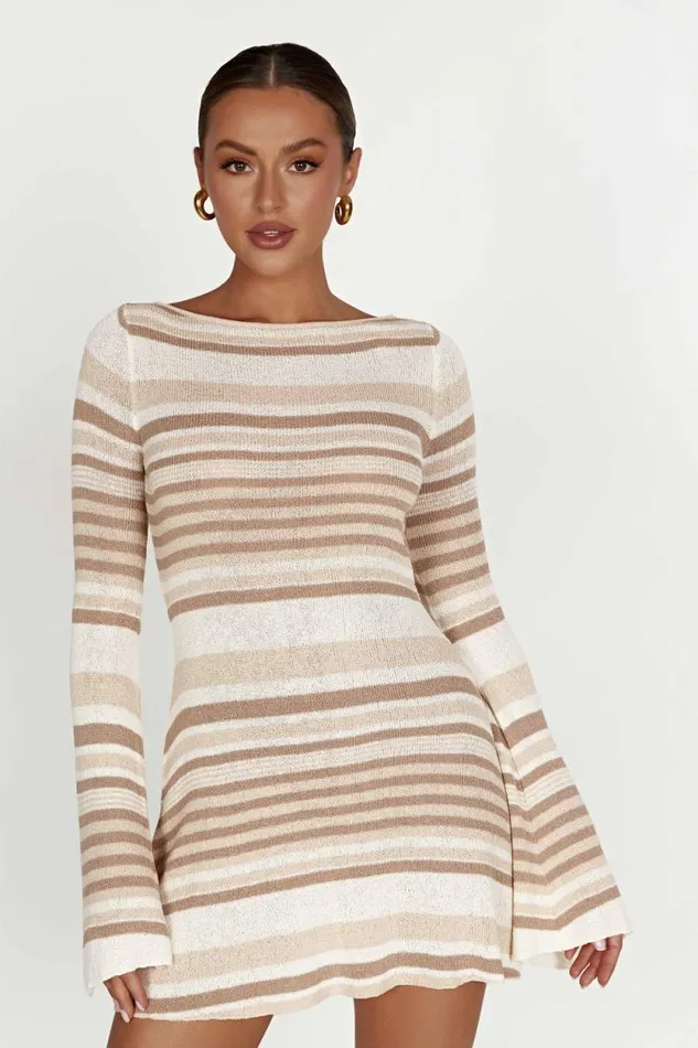 Women Meshki Dresses Zahra Long Sleeve Open Back Mini Knit Dress 8211 Cream
