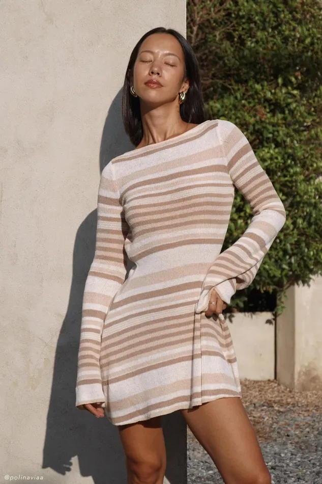 Women Meshki Dresses Zahra Long Sleeve Open Back Mini Knit Dress 8211 Cream