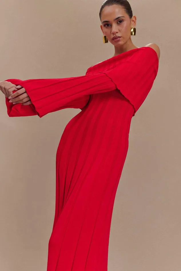 Women Meshki Outerwear Alonza Long Sleeve Knit Midi Dress 8211 Red