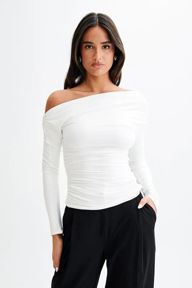 Women Meshki Tops Alayna Long Sleeve Recycled Nylon Ruched Top 8211 White