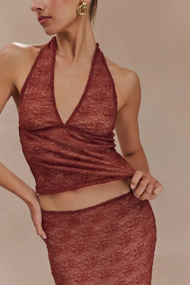 Women Meshki Tops Asher Sheer Lace Halter Top 8211 Chilli