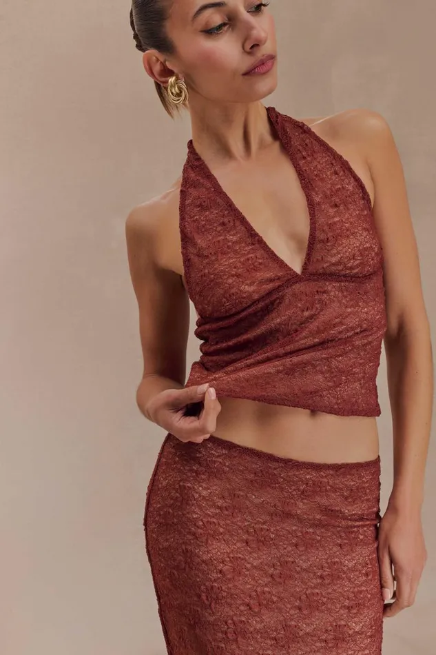 Women Meshki Tops Asher Sheer Lace Halter Top 8211 Chilli