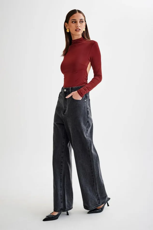 Women Meshki Tops Elani Slinky High Neck Bodysuit 8211 Wine