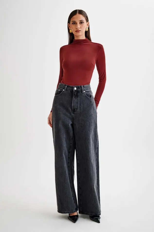 Women Meshki Tops Elani Slinky High Neck Bodysuit 8211 Wine
