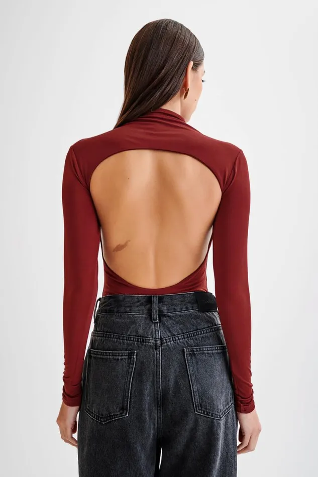 Women Meshki Tops Elani Slinky High Neck Bodysuit 8211 Wine