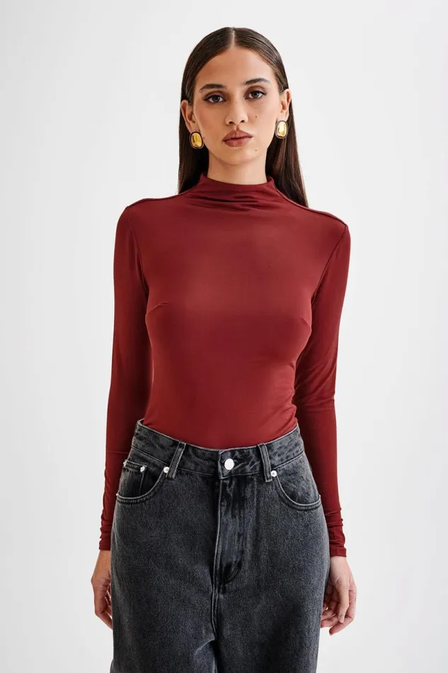 Women Meshki Tops Elani Slinky High Neck Bodysuit 8211 Wine