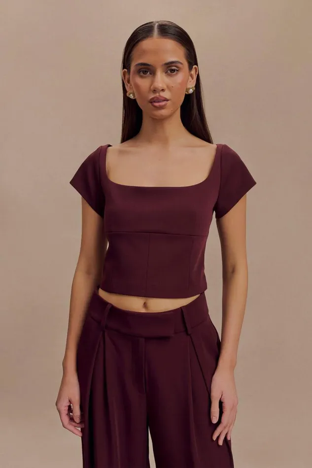 Women Meshki Tops Ellis Cap Sleeve Longline Suiting Top 8211 Mahogany