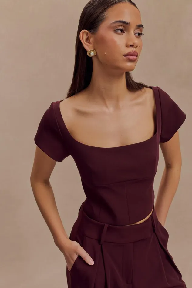 Women Meshki Tops Ellis Cap Sleeve Longline Suiting Top 8211 Mahogany