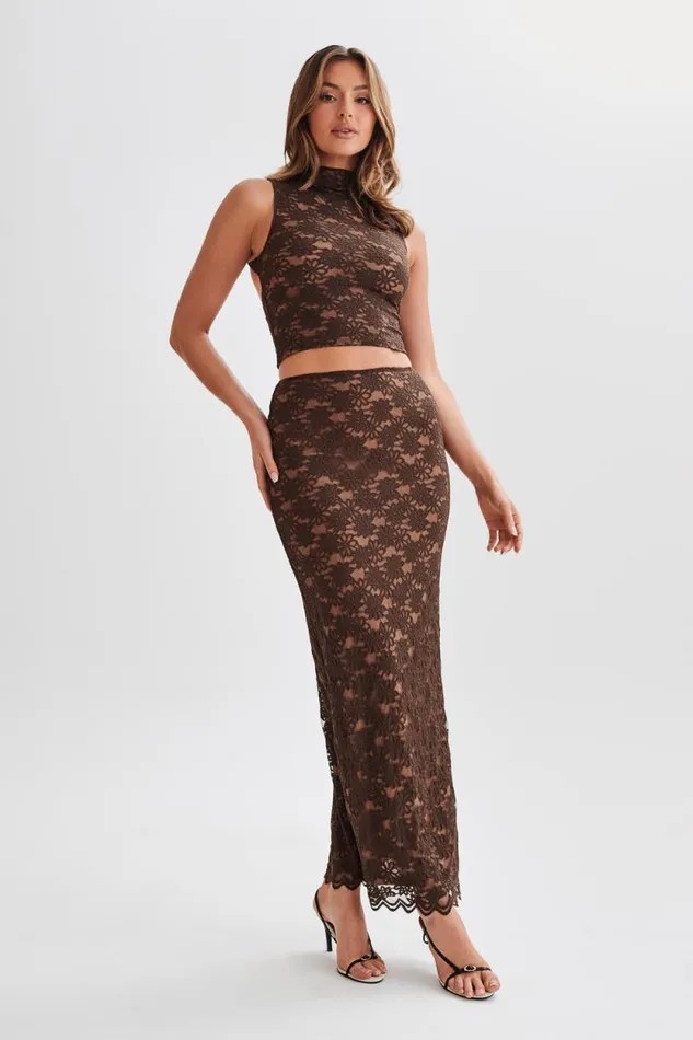 Women Meshki Tops Elska Lace High Neck Top 8211 Chocolate