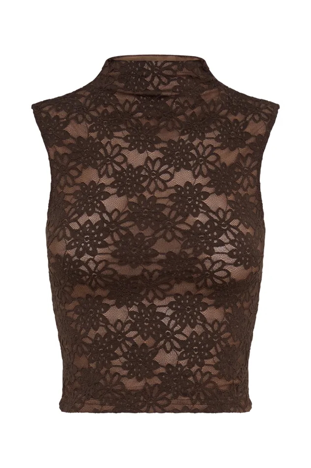 Women Meshki Tops Elska Lace High Neck Top 8211 Chocolate
