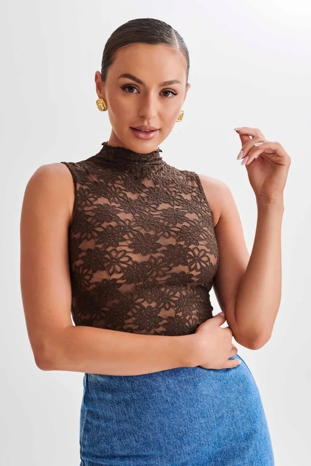 Women Meshki Tops Elska Lace High Neck Top 8211 Chocolate