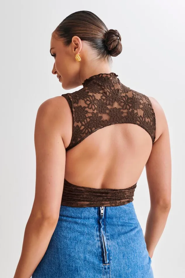 Women Meshki Tops Elska Lace High Neck Top 8211 Chocolate