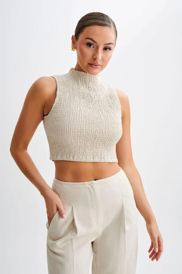 Women Meshki Tops Emanuelle Sleeveless Linen Shirring Top 8211 Natural