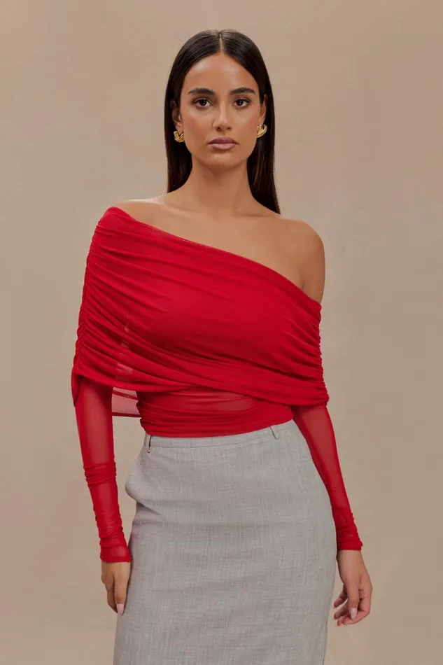 Women Meshki Tops Everly Sheer Mesh Off Shoulder Top 8211 Ruby
