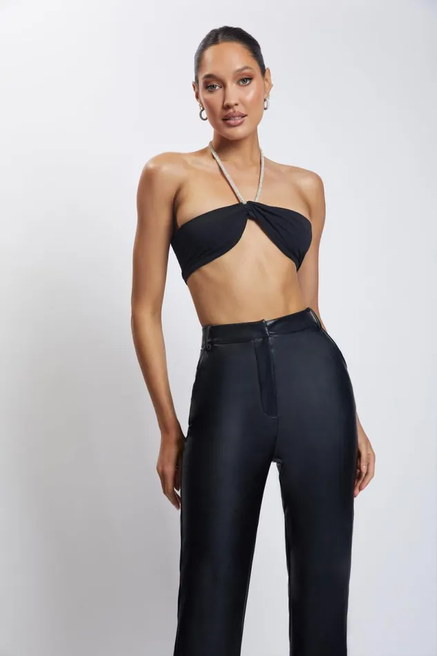Women Meshki Tops Lea Diamante Chain Halter Neck Crop Top 8211 Black