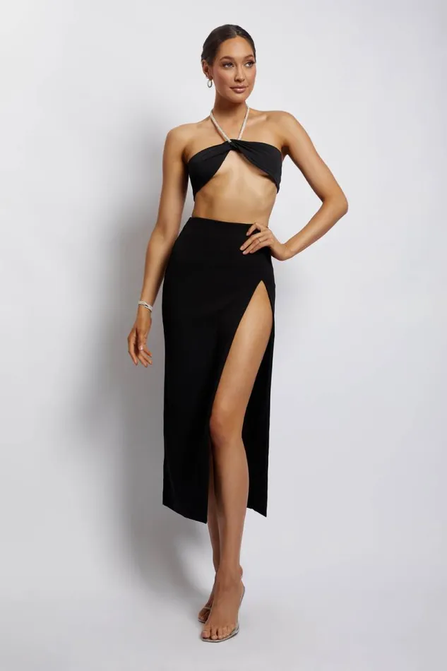Women Meshki Tops Lea Diamante Chain Halter Neck Crop Top 8211 Black