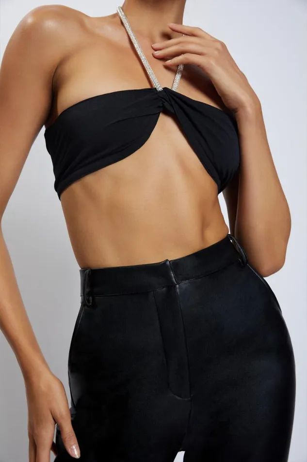 Women Meshki Tops Lea Diamante Chain Halter Neck Crop Top 8211 Black