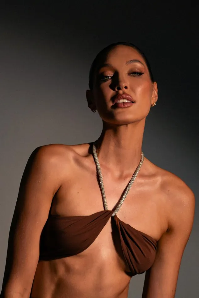 Women Meshki Tops Lea Diamante Chain Halter Neck Crop Top 8211 Chocolate