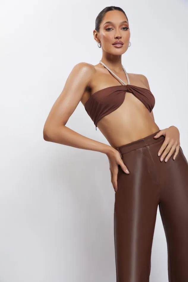 Women Meshki Tops Lea Diamante Chain Halter Neck Crop Top 8211 Chocolate