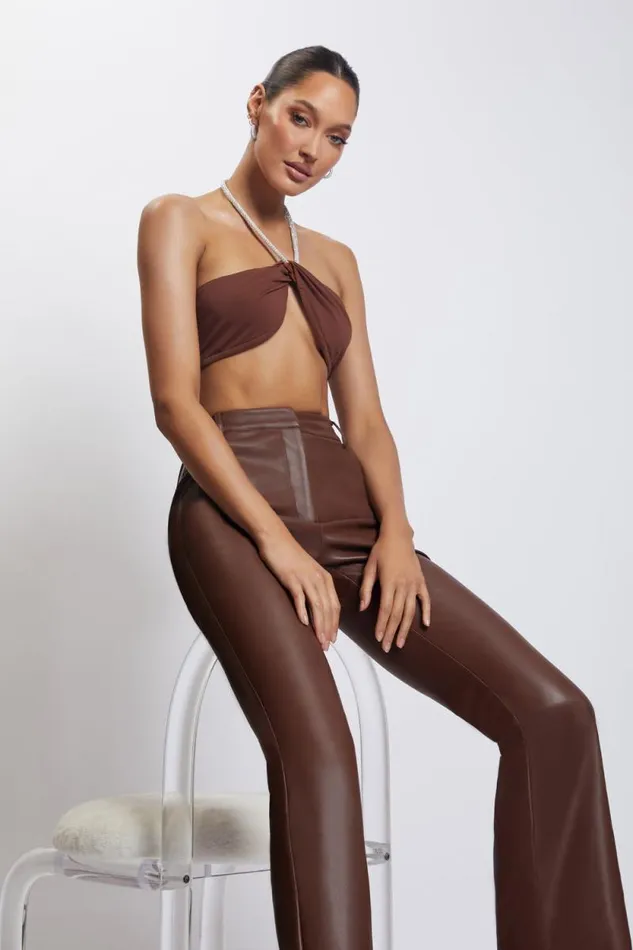 Women Meshki Tops Lea Diamante Chain Halter Neck Crop Top 8211 Chocolate