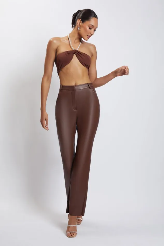 Women Meshki Tops Lea Diamante Chain Halter Neck Crop Top 8211 Chocolate