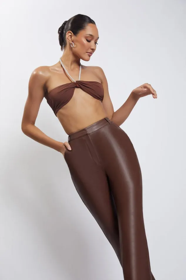 Women Meshki Tops Lea Diamante Chain Halter Neck Crop Top 8211 Chocolate