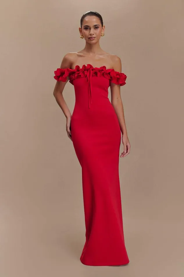 Women Meshki Tops Nova Ruffle Off Shoulder Maxi Dress 8211 Ruby