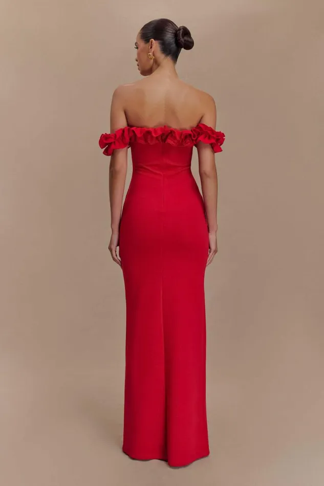 Women Meshki Tops Nova Ruffle Off Shoulder Maxi Dress 8211 Ruby