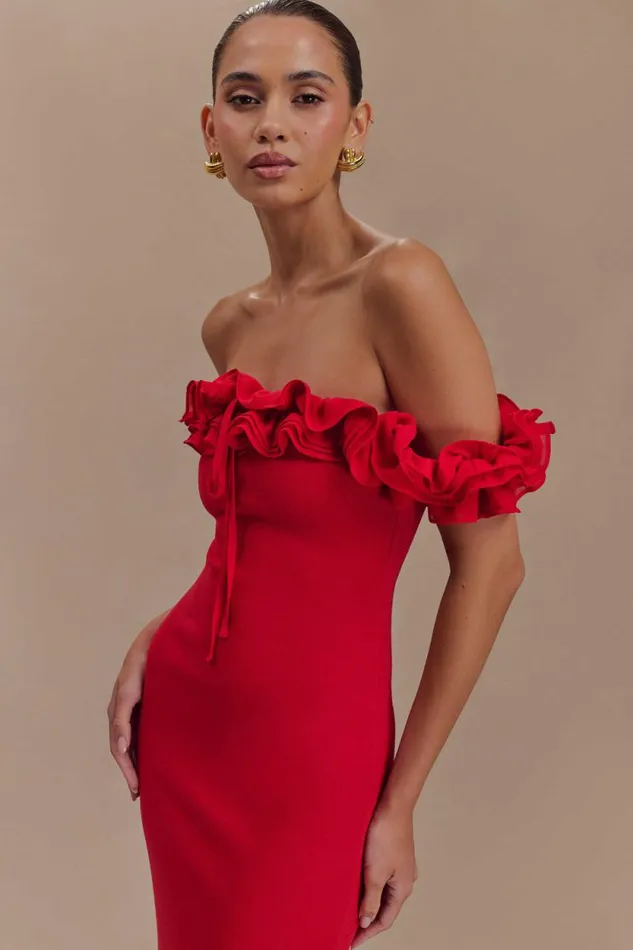 Women Meshki Tops Nova Ruffle Off Shoulder Maxi Dress 8211 Ruby