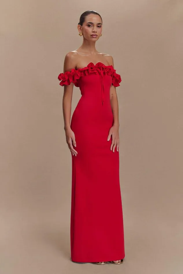 Women Meshki Tops Nova Ruffle Off Shoulder Maxi Dress 8211 Ruby