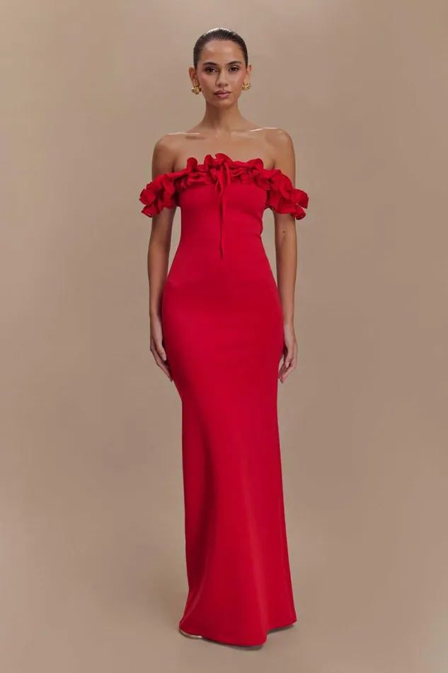 Women Meshki Tops Nova Ruffle Off Shoulder Maxi Dress 8211 Ruby