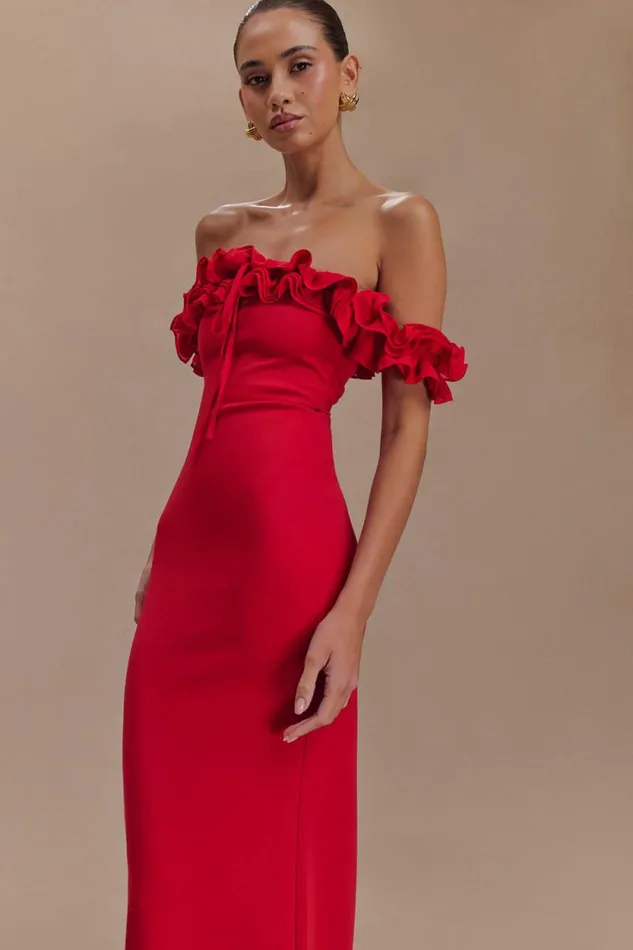 Women Meshki Tops Nova Ruffle Off Shoulder Maxi Dress 8211 Ruby