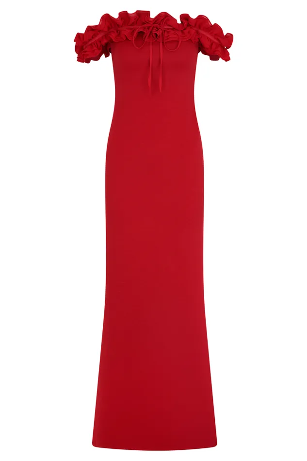 Women Meshki Tops Nova Ruffle Off Shoulder Maxi Dress 8211 Ruby