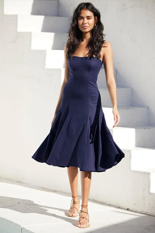 Women MISA Los Angeles Dresses CHERISH DRESS Navy Linen