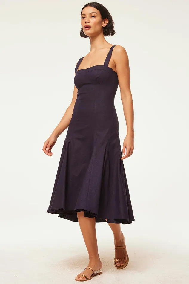 Women MISA Los Angeles Dresses CHERISH DRESS Navy Linen