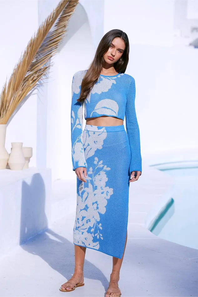 Women MISA Los Angeles Tops CASSI TOP Blue Hibiscus Flora