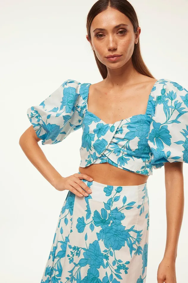 Women MISA Los Angeles Tops RORI TOP Turquoise Flora Poplin