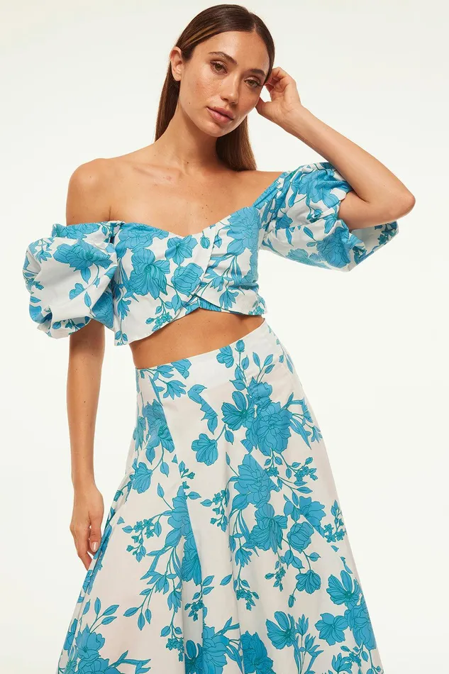Women MISA Los Angeles Tops RORI TOP Turquoise Flora Poplin
