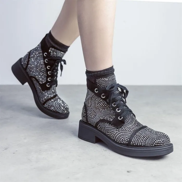Women Moda In Pelle Chunky Boots Aleyza Black Alcantara
