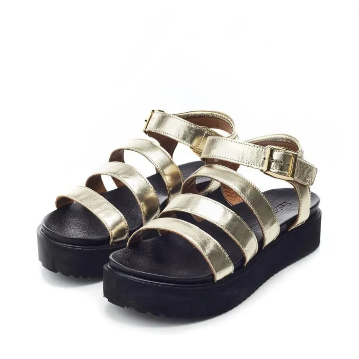 Women Moda In Pelle Flatform Sandals Bsoleful BRocker Gold Leather