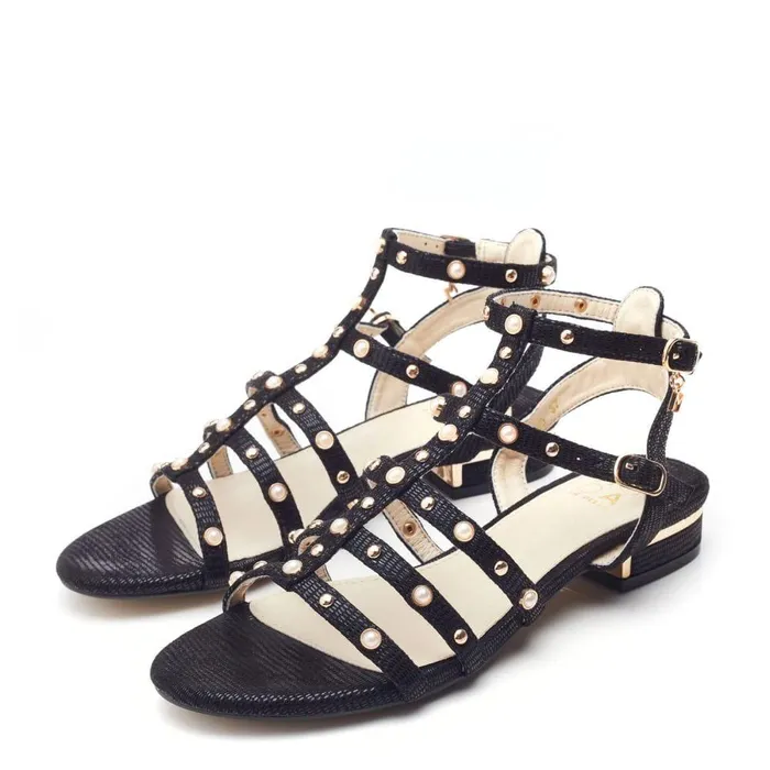 Women Moda In Pelle Heeled Sandals Olaino Black Lizard Women Moda In Pelle Heeled Sandals Olaino Black Lizard