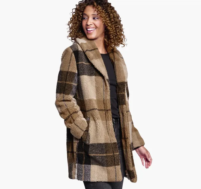 Women Plaid Teddy Coat Brownblack JohnstonandMurphy Coats Jackets and Vests