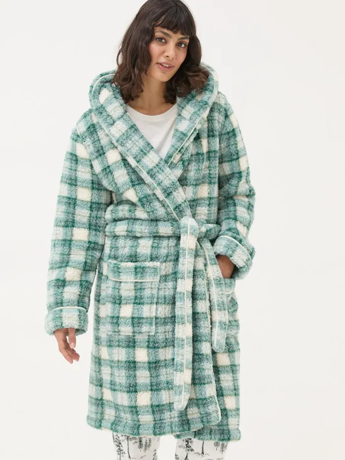 Women Pyjamas and Nightwear Fat Face Green Check Borg Dressing Gown