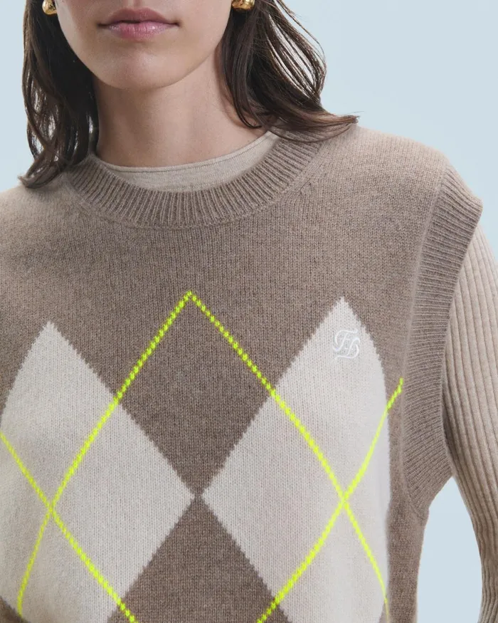 Women Sleeveless Sweaters From Future Diamond Pattern Sleeveless Sweater Taupe