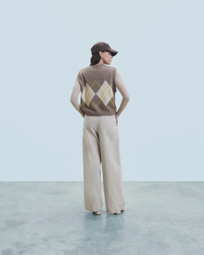 Women Sleeveless Sweaters From Future Diamond Pattern Sleeveless Sweater Taupe